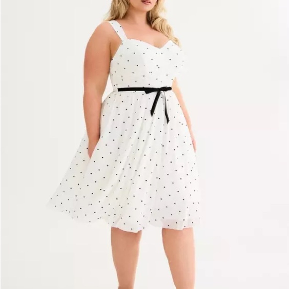 torrid Retro Chic White with Black Polka Dot Flocked Mesh Belted Dress Size 28